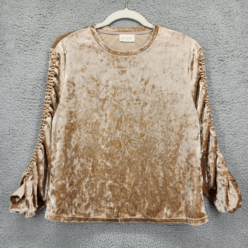 Mello Day Womens Crushed Velvet Ruched Sleeve Top Champagne Gold Size Small